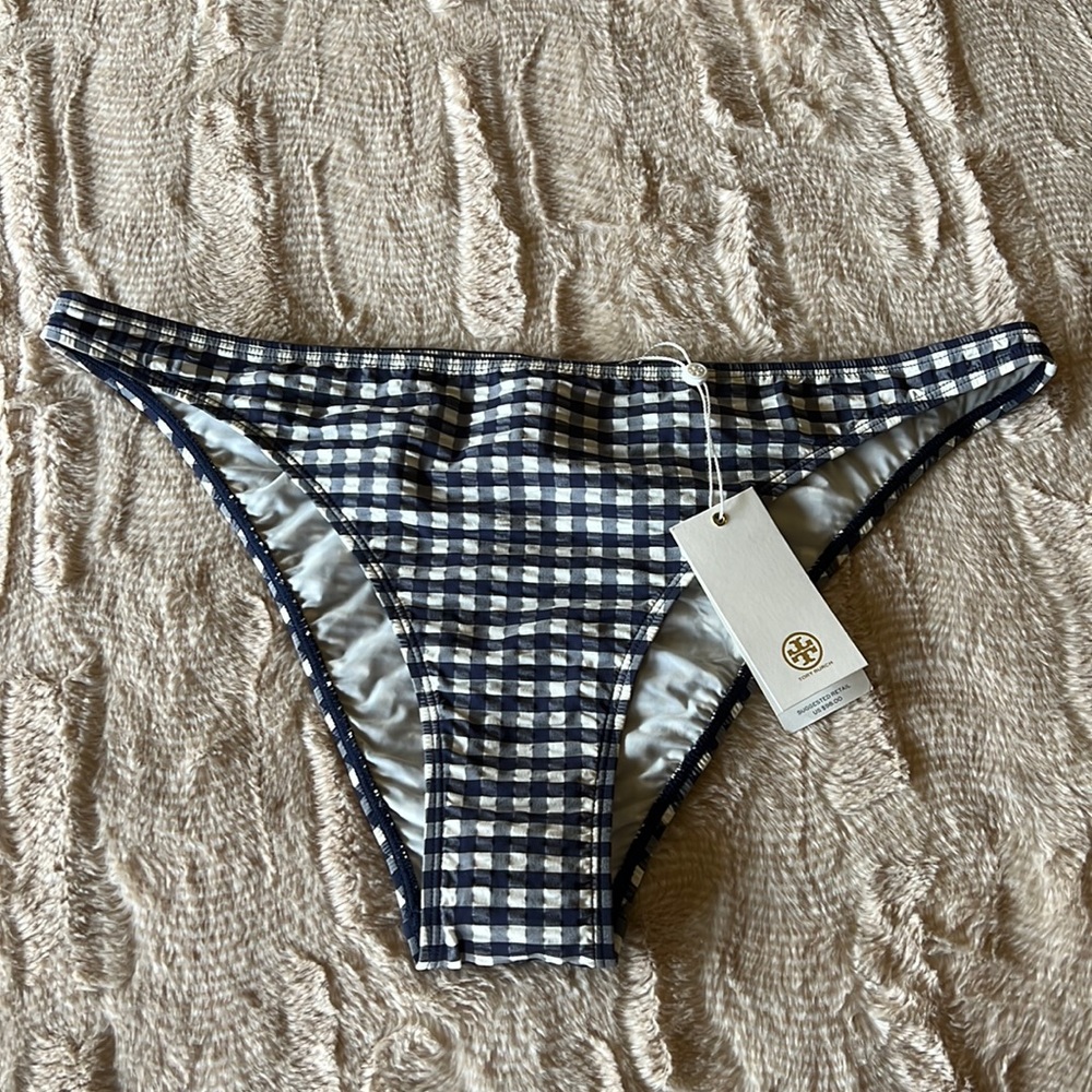 TORY BURCH Gingham Navy Hipster Bikini Bottoms